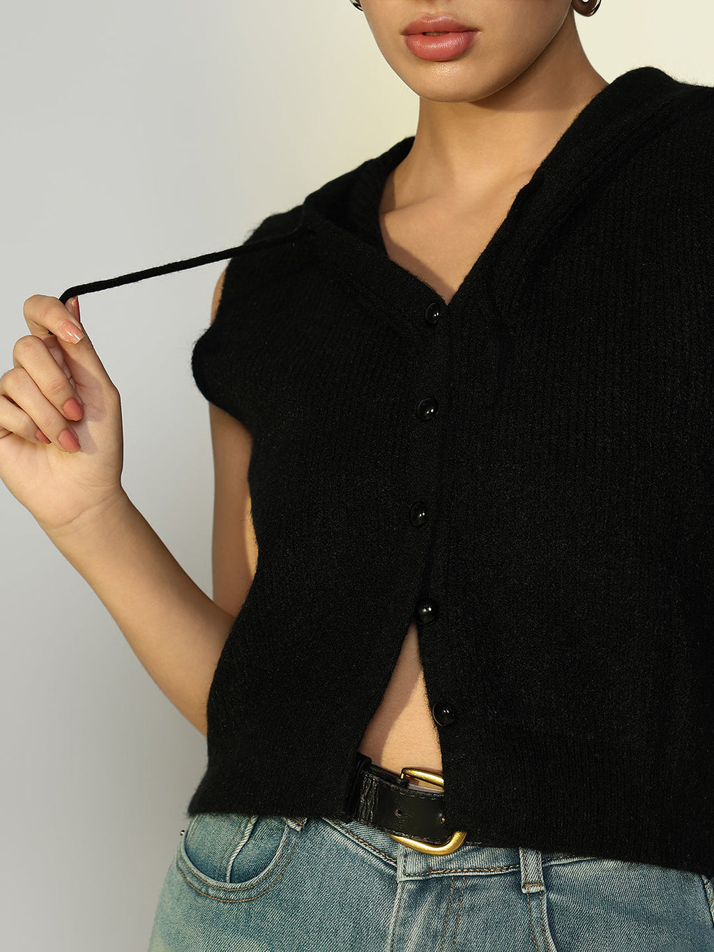 Women's Ribbed Black Hooded Short Top with Buttons