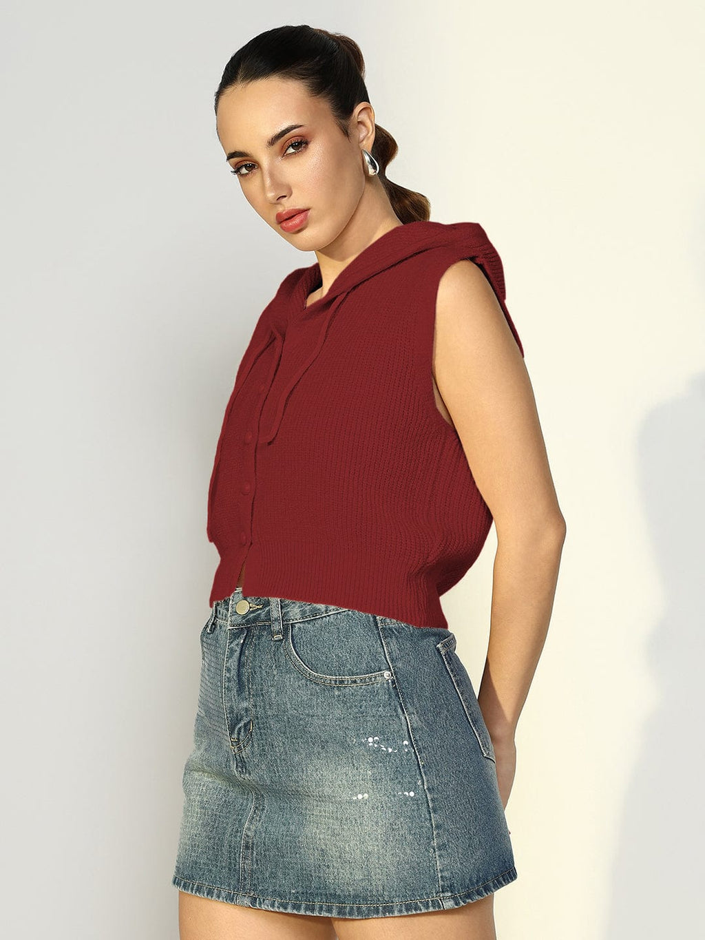 Women's Ribbed Red Hooded Short Top with Buttons
