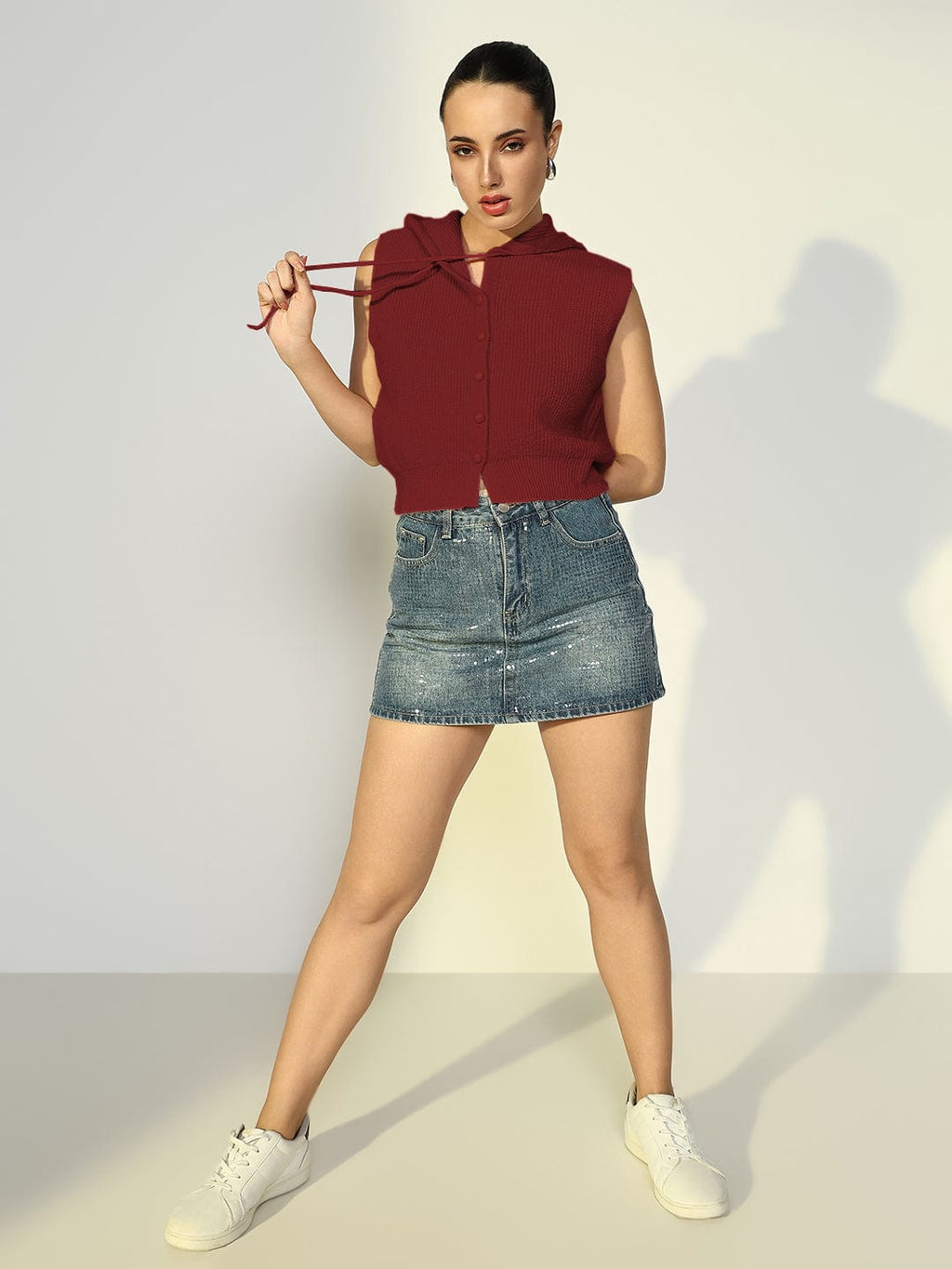 Women's Ribbed Red Hooded Short Top with Buttons