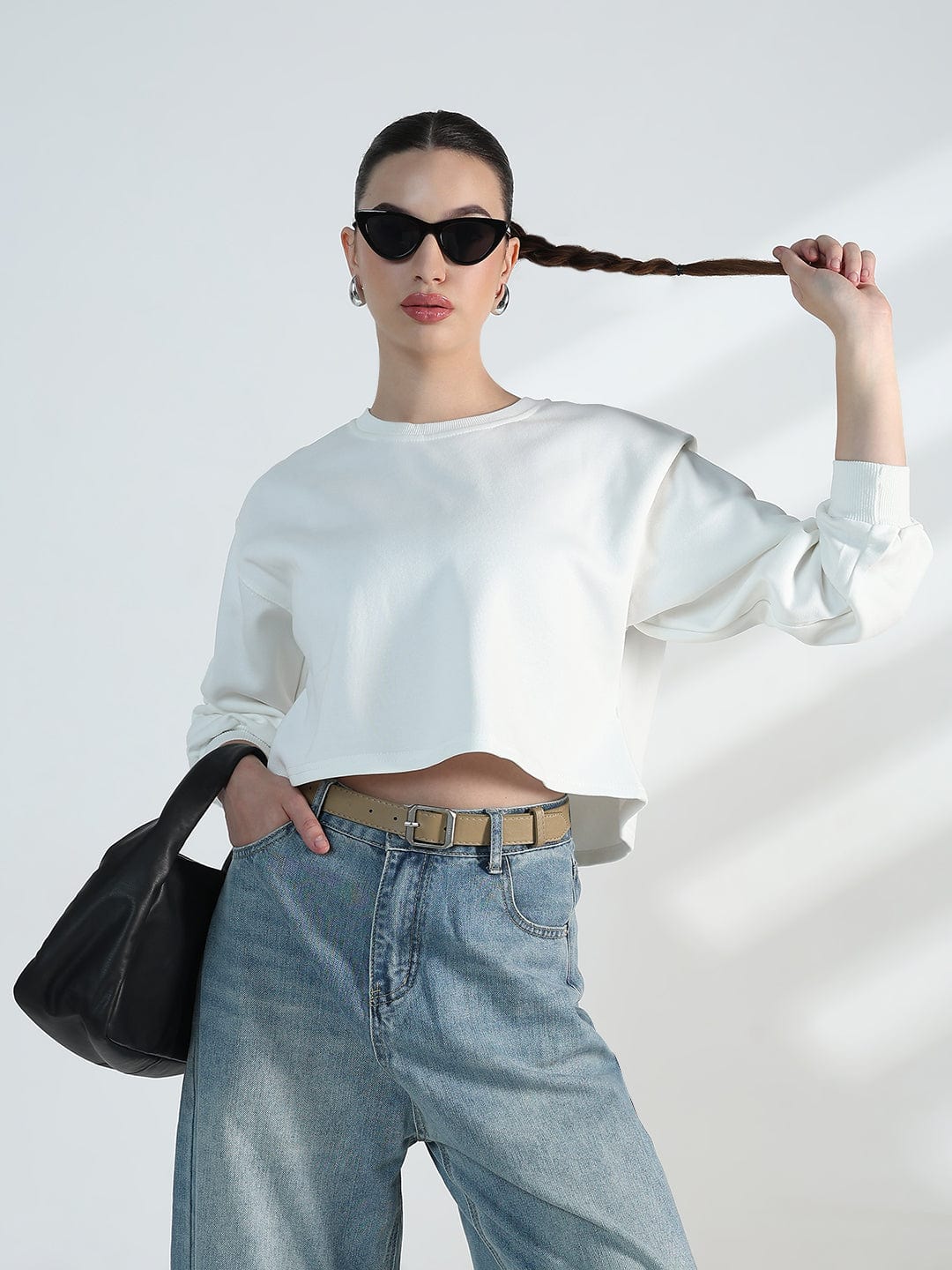 Women's White Oversized Round Neck Sweatshirt