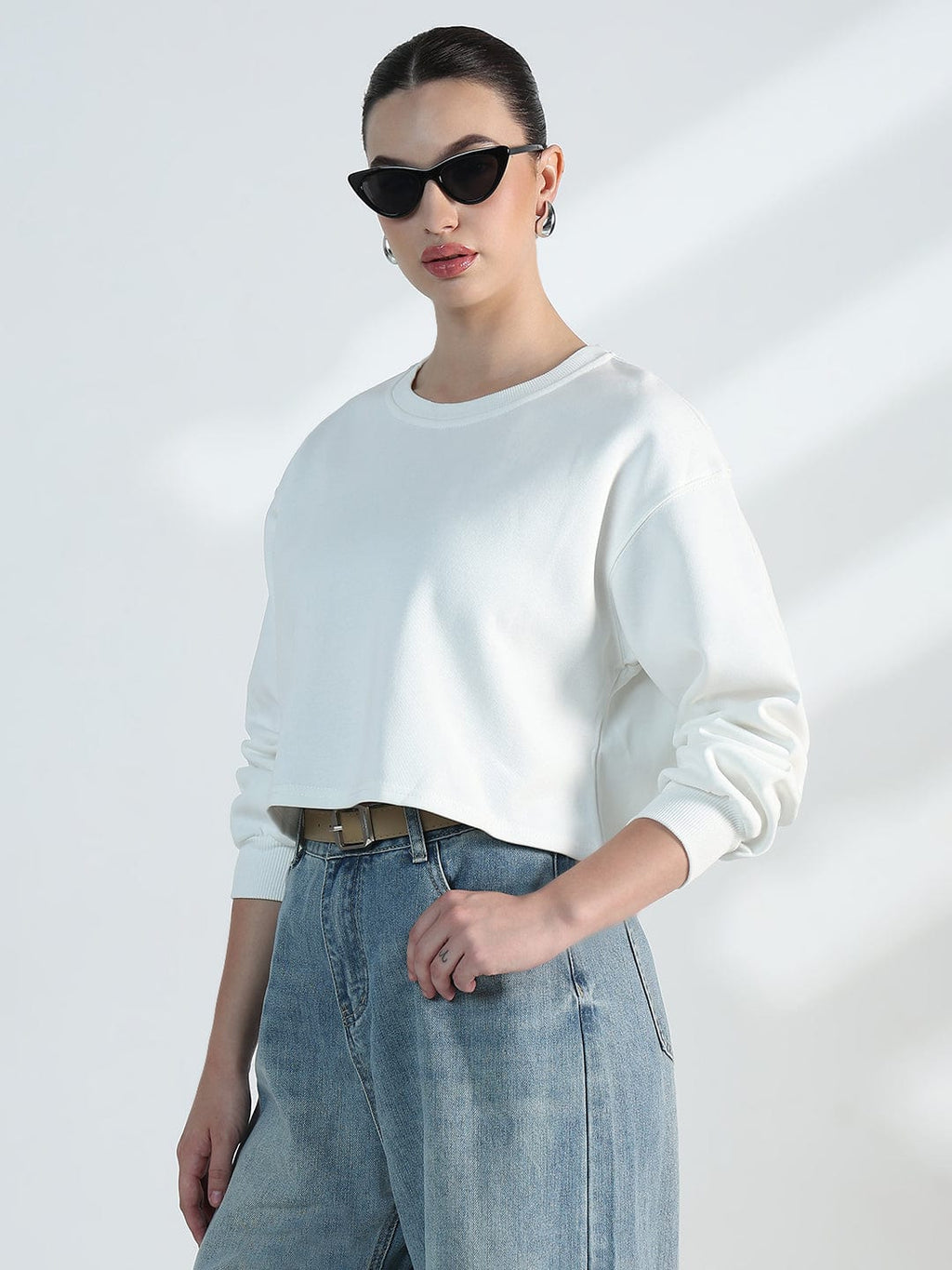 Women's White Oversized Round Neck Sweatshirt