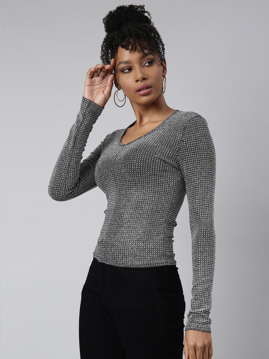 Women's Grey Long Sleeves Round Neck Embellished Studded Top