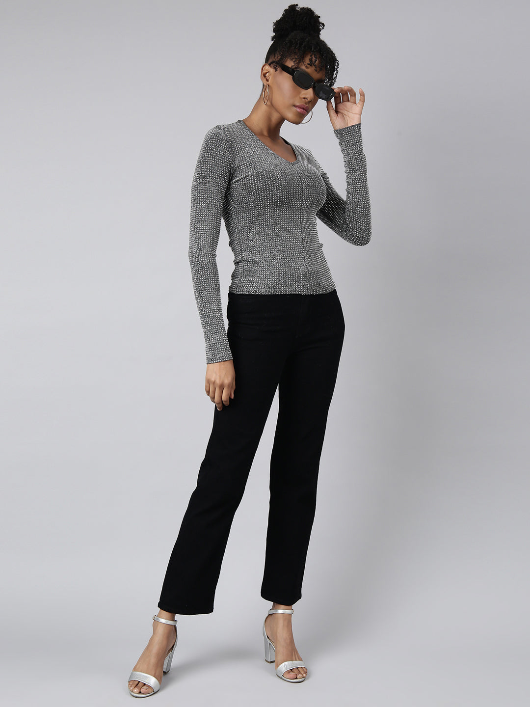 Women's Grey Long Sleeves Round Neck Embellished Studded Top