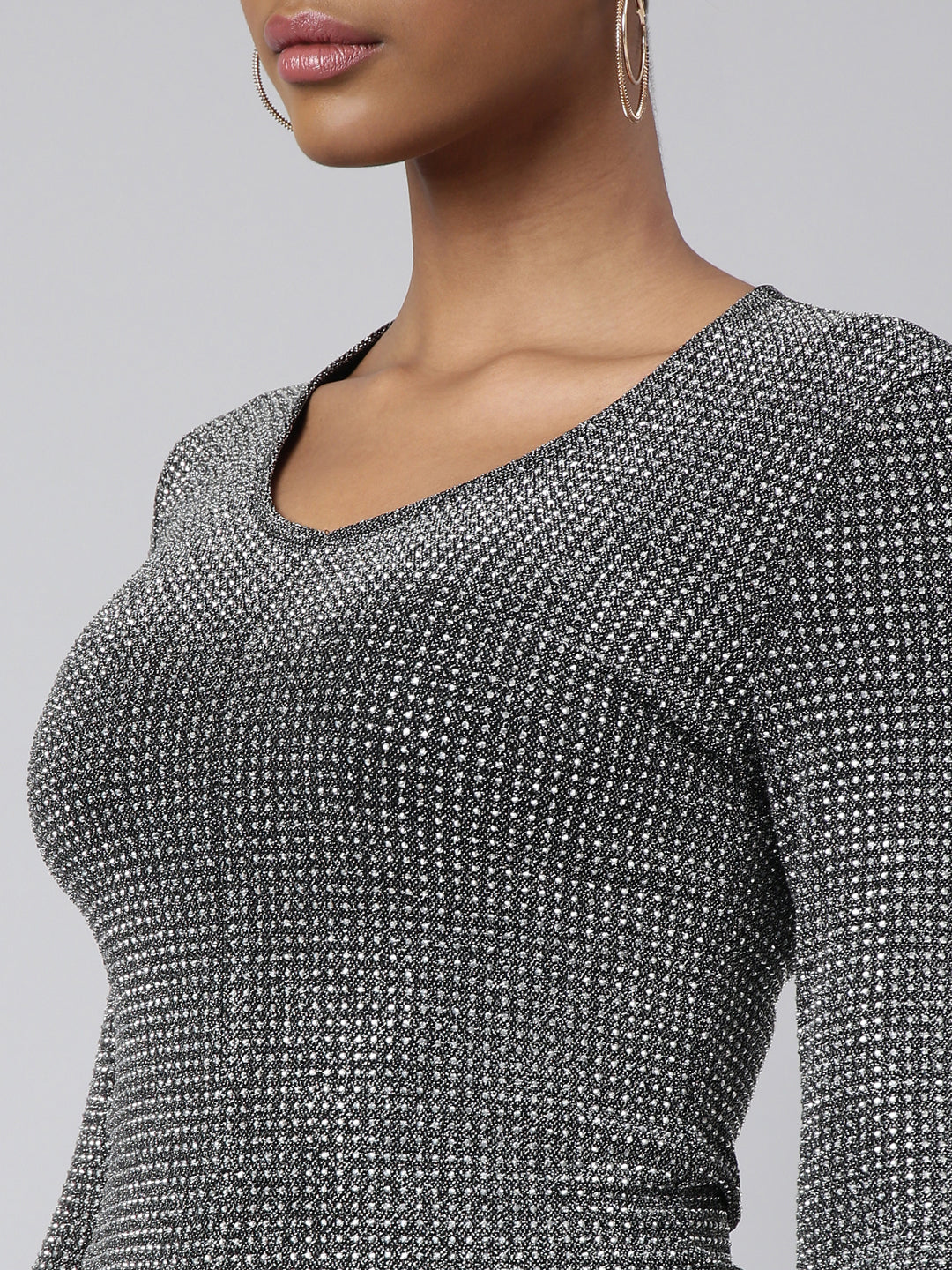 Women's Grey Long Sleeves Round Neck Embellished Studded Top