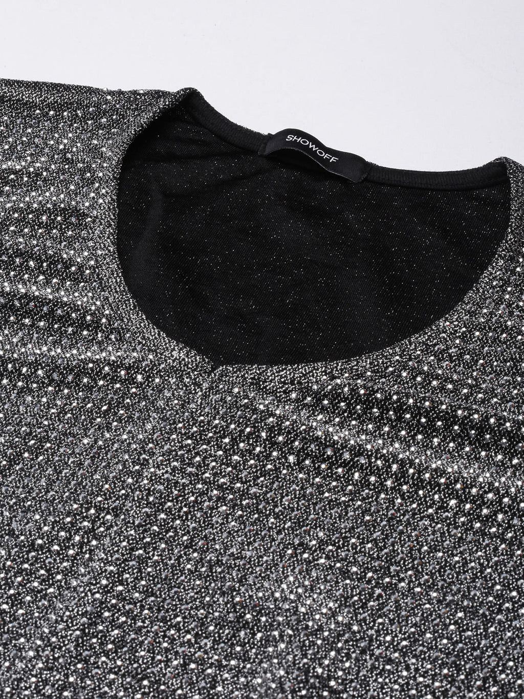 Women's Grey Long Sleeves Round Neck Embellished Studded Top