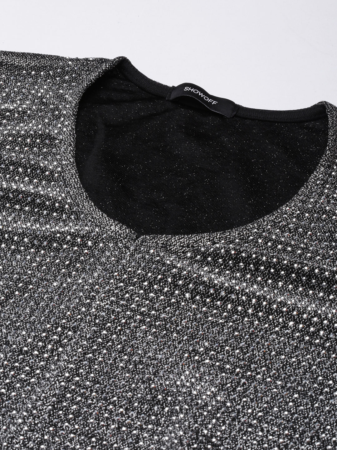 Women's Grey Long Sleeves Round Neck Embellished Studded Top