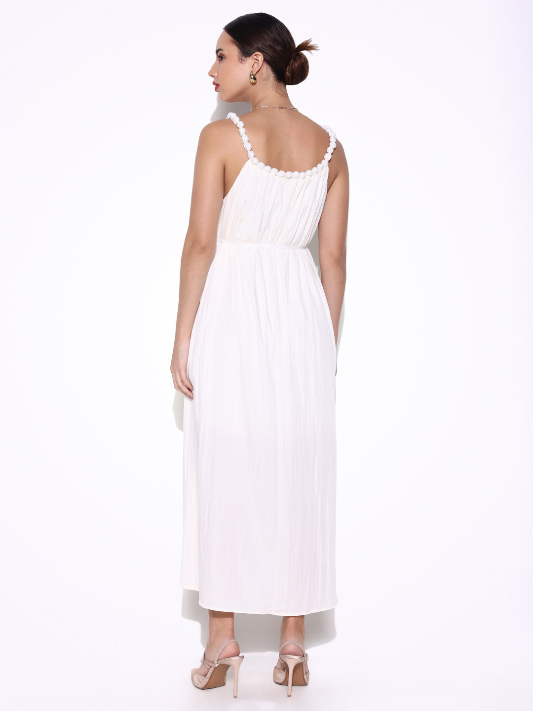 Women's Off White Beaded Neck Slip On Maxi Dress with Waist Tie