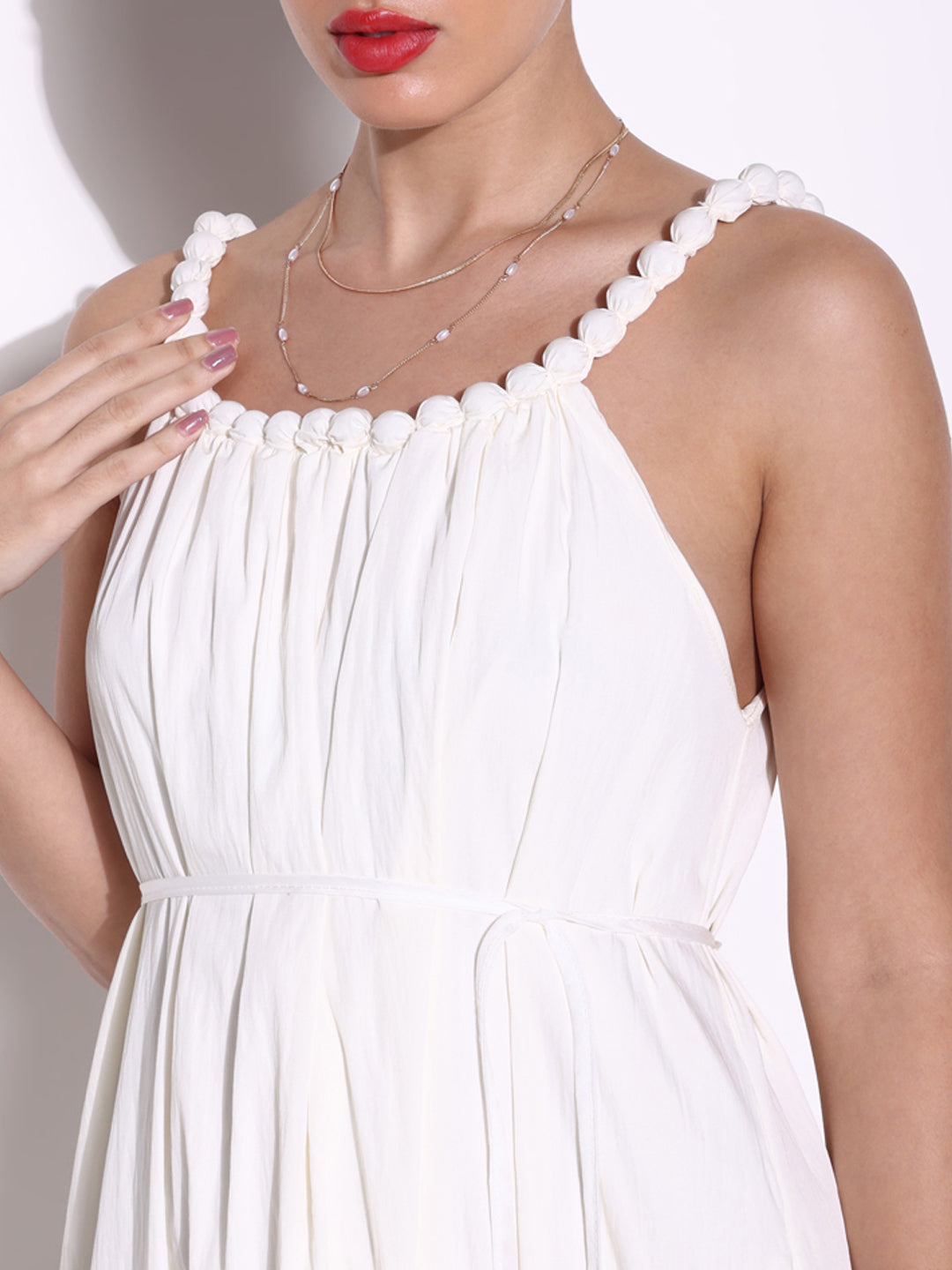 Women's Off White Beaded Neck Slip On Maxi Dress with Waist Tie