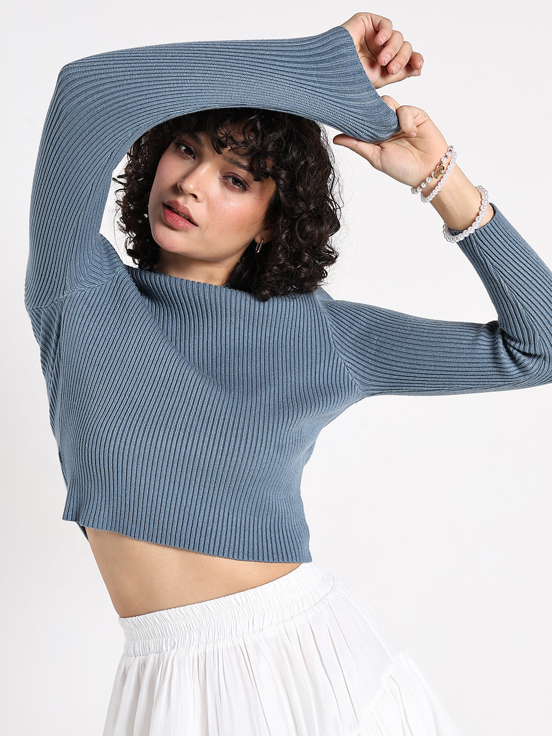 Women's Blue Ribbed High Neck Crop Top