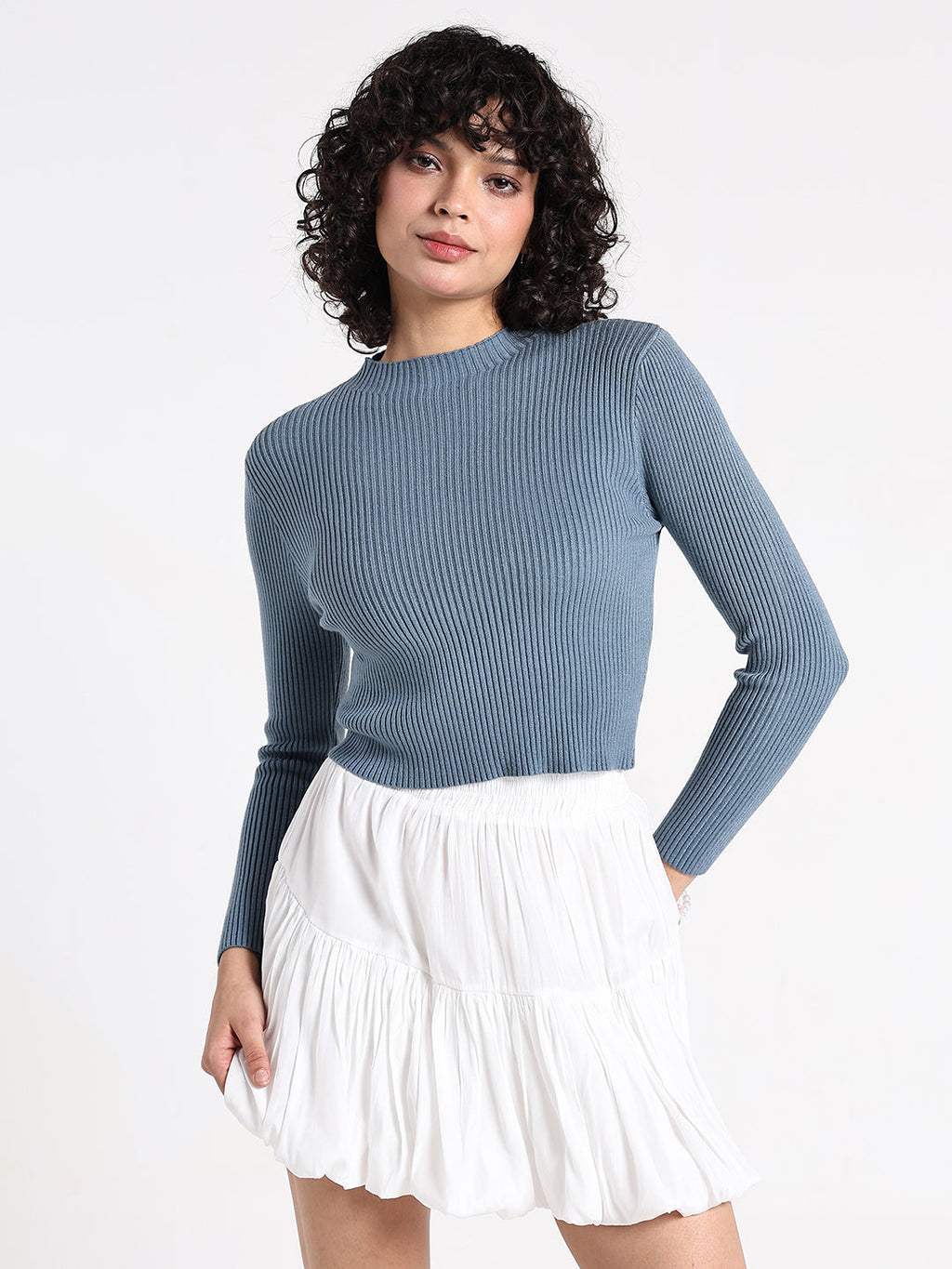 Women's Blue Ribbed High Neck Crop Top
