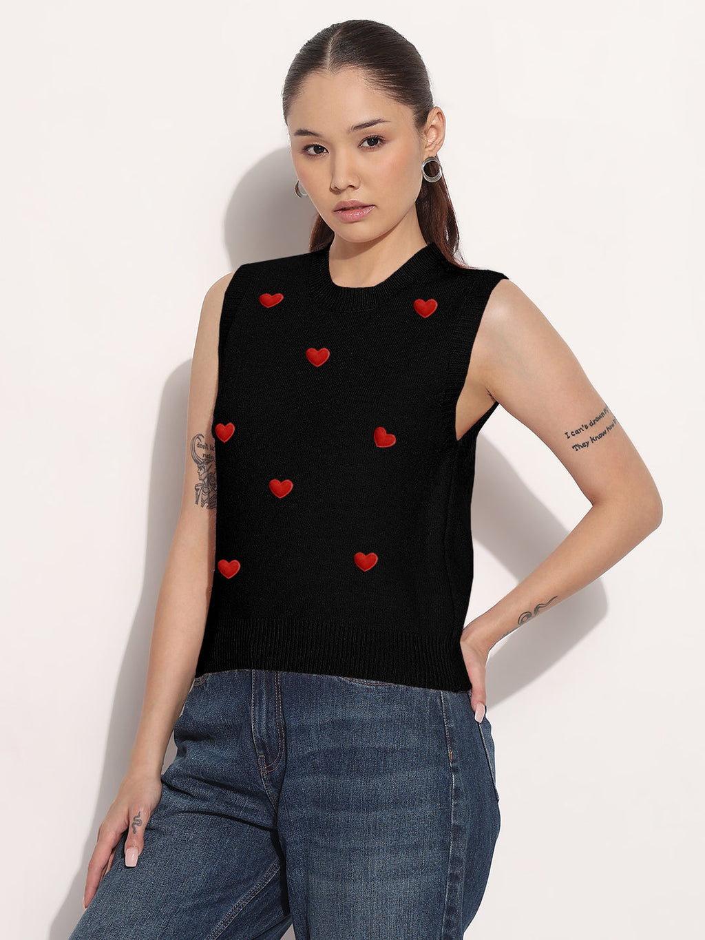 Women's Ribbed Black Round Neck Sleeveless Knitted Top with Heart Embellishments