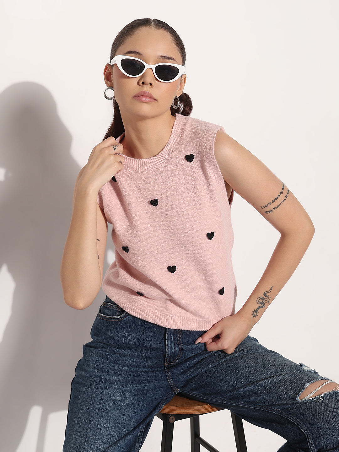 Women's Ribbed Pink Round Neck Sleeveless Knitted Top with Heart Embellishments