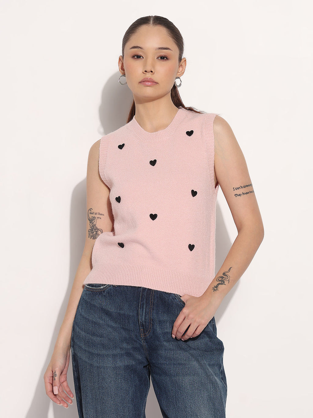 Women's Ribbed Pink Round Neck Sleeveless Knitted Top with Heart Embellishments