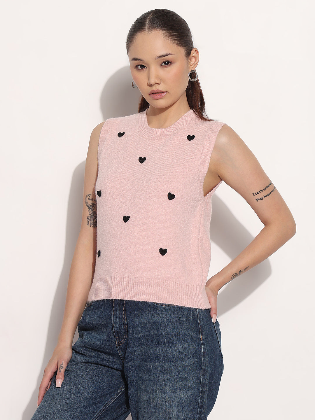 Women's Ribbed Pink Round Neck Sleeveless Knitted Top with Heart Embellishments