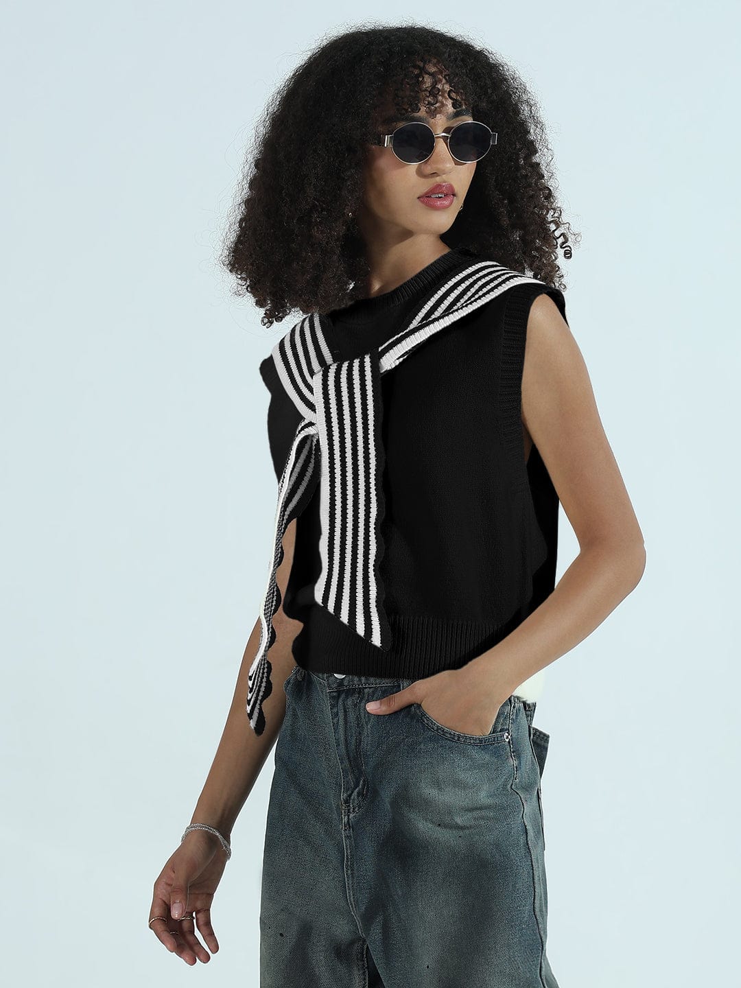 Women's Black Sleeveless Knit Sweater Vest Top with Striped Tie-Up Detail