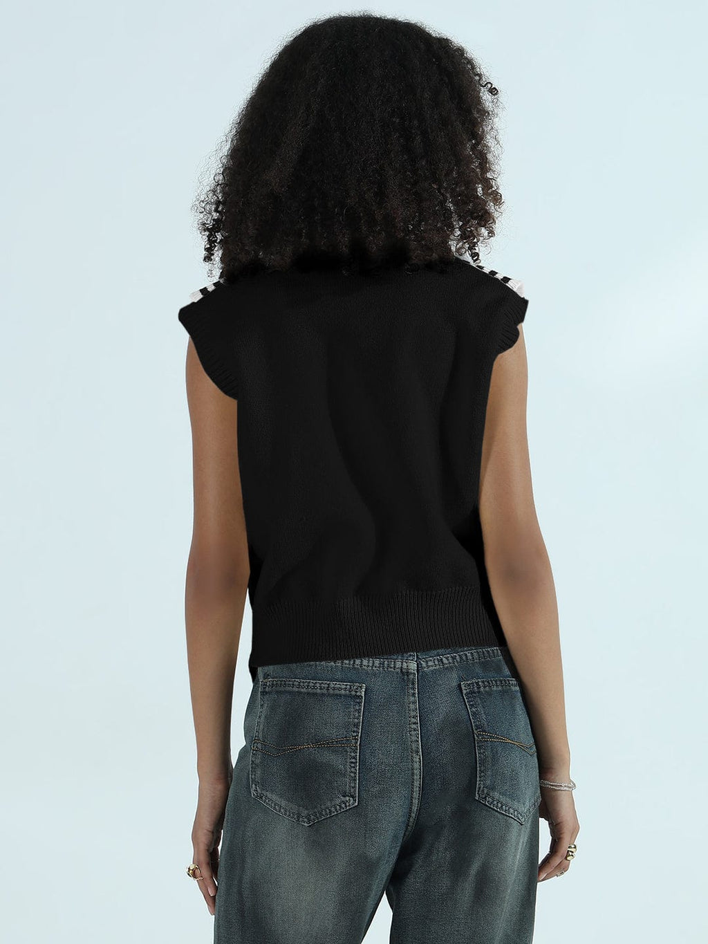 Women's Black Sleeveless Knit Sweater Vest Top with Striped Tie-Up Detail