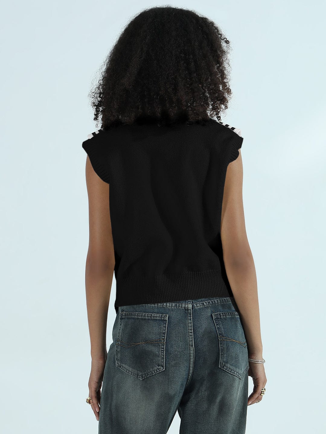 Women's Black Sleeveless Knit Sweater Vest Top with Striped Tie-Up Detail