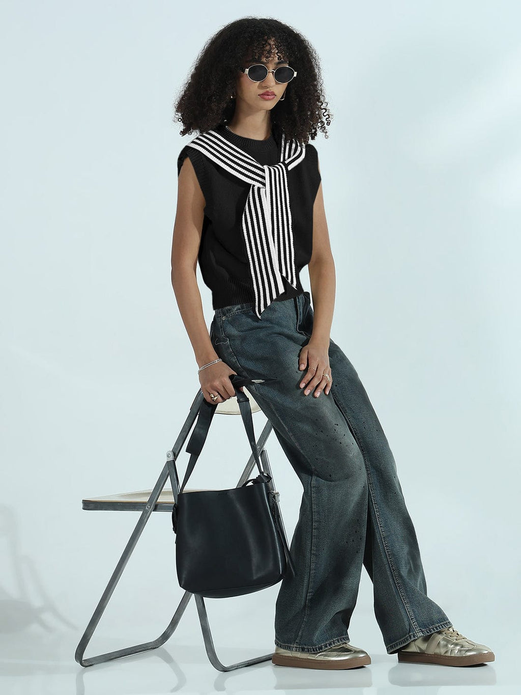 Women's Black Sleeveless Knit Sweater Vest Top with Striped Tie-Up Detail