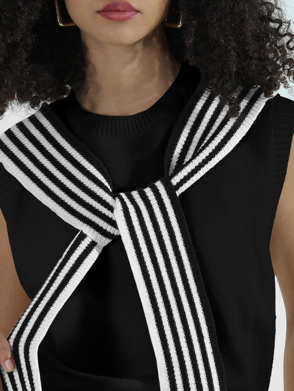 Women's Black Sleeveless Knit Sweater Vest Top with Striped Tie-Up Detail