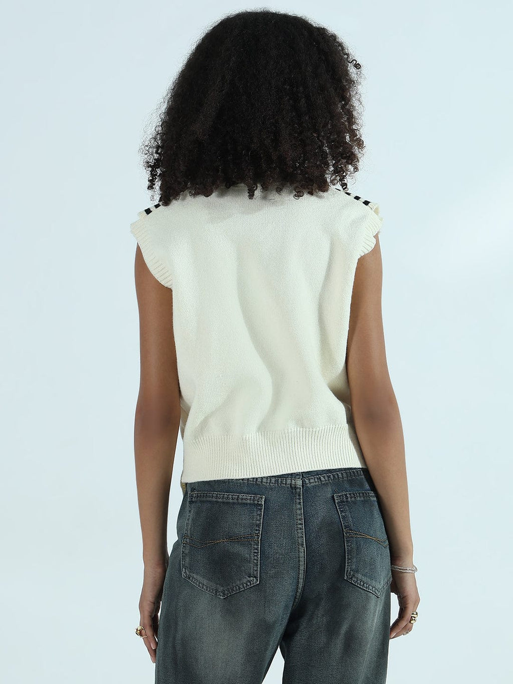 Women's Cream Sleeveless Knit Sweater Vest Top with Striped Tie-Up Detail