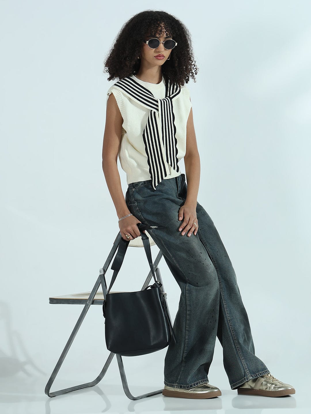 Women's Cream Sleeveless Knit Sweater Vest Top with Striped Tie-Up Detail