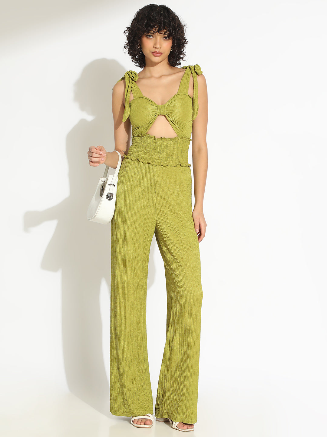 Women's Textured Green Tie-Up Shoulder Top with Smocked Waistline Jumpsuit