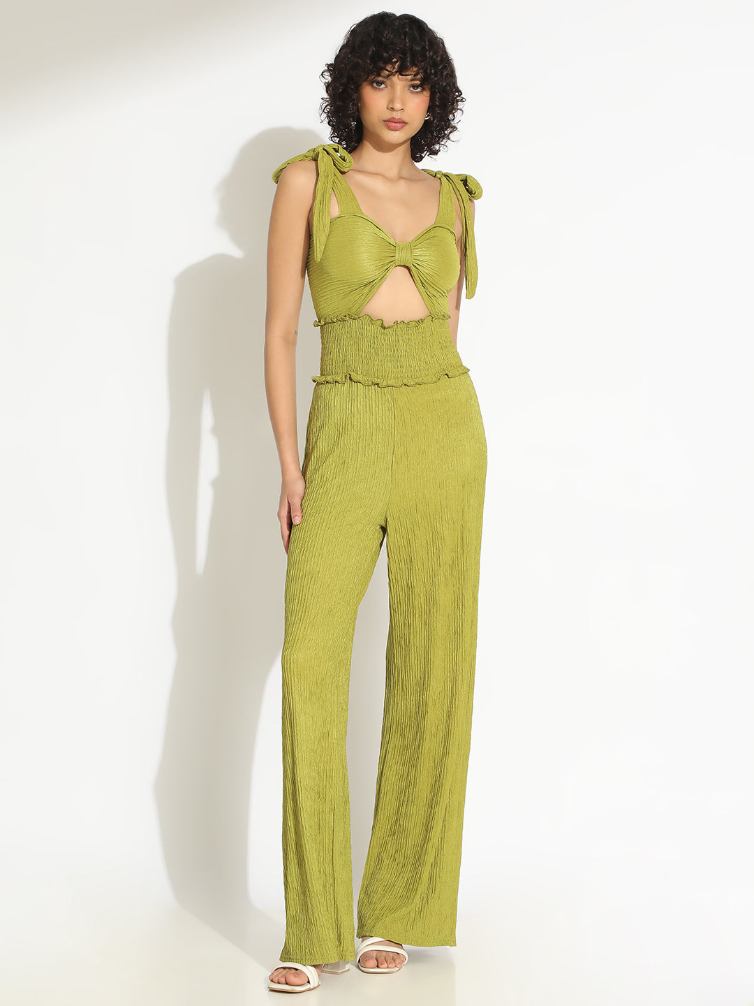 Women's Textured Green Tie-Up Shoulder Top with Smocked Waistline Jumpsuit