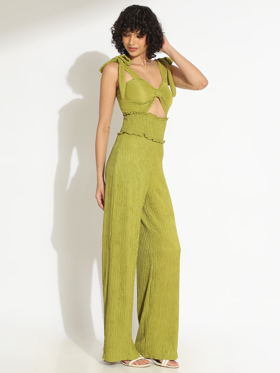 Women's Textured Green Tie-Up Shoulder Top with Smocked Waistline Jumpsuit