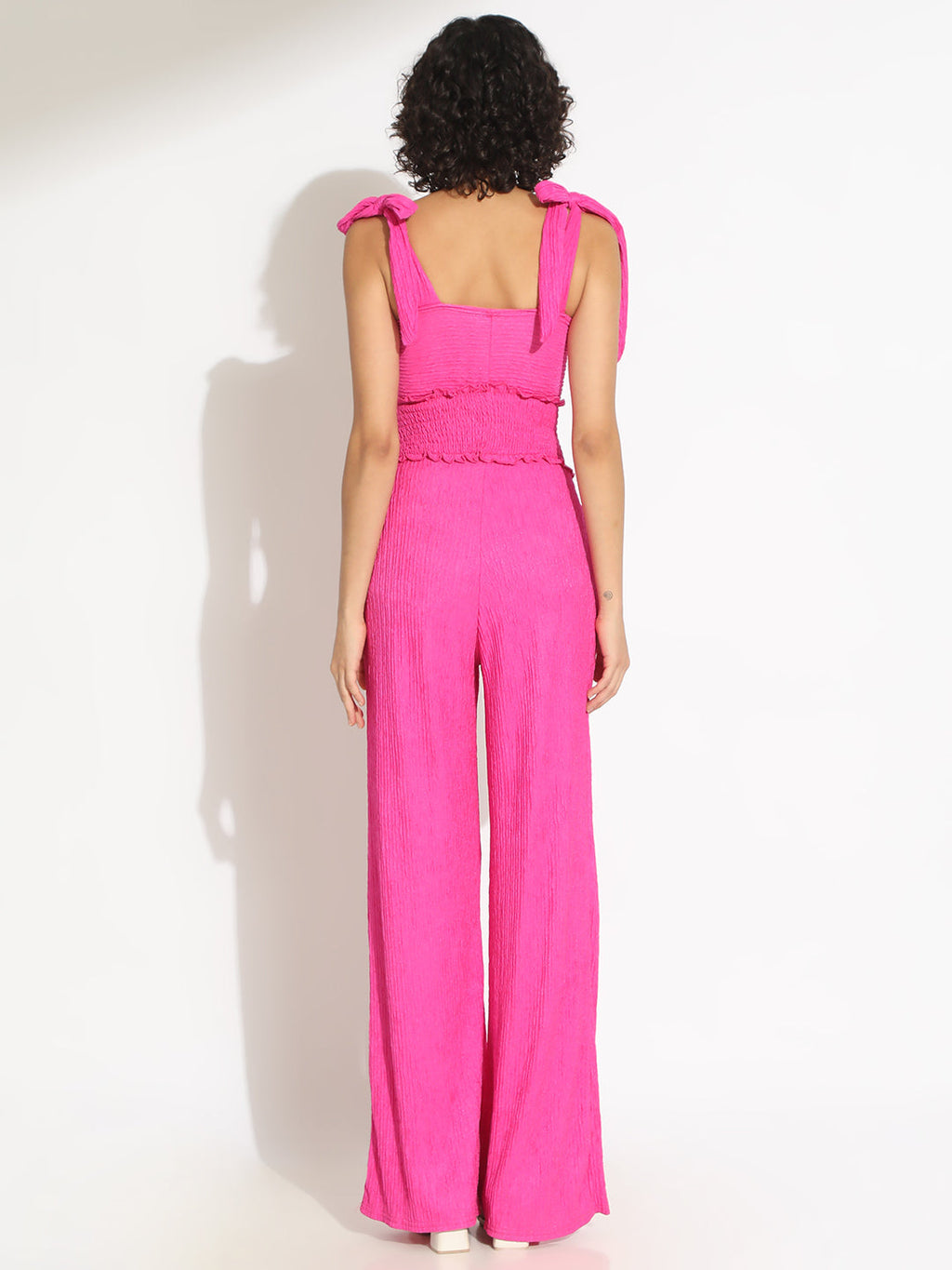 Women's Textured Pink Tie-Up Shoulder Top with Smocked Waistline Jumpsuit