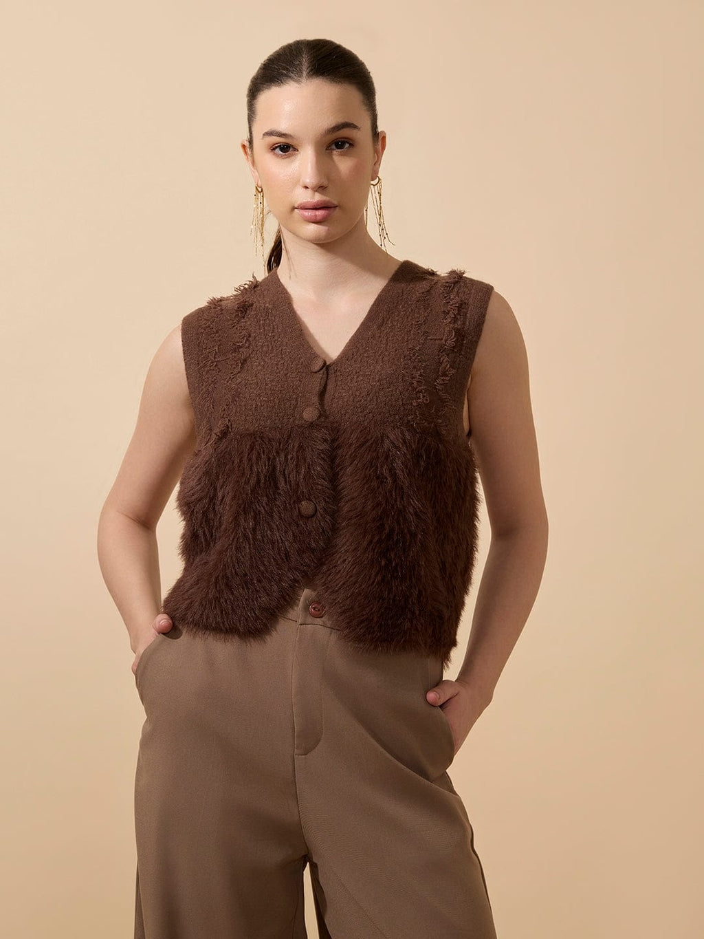 Women's Textured Brown Fuzzy V-Neck Vest Top with Buttons