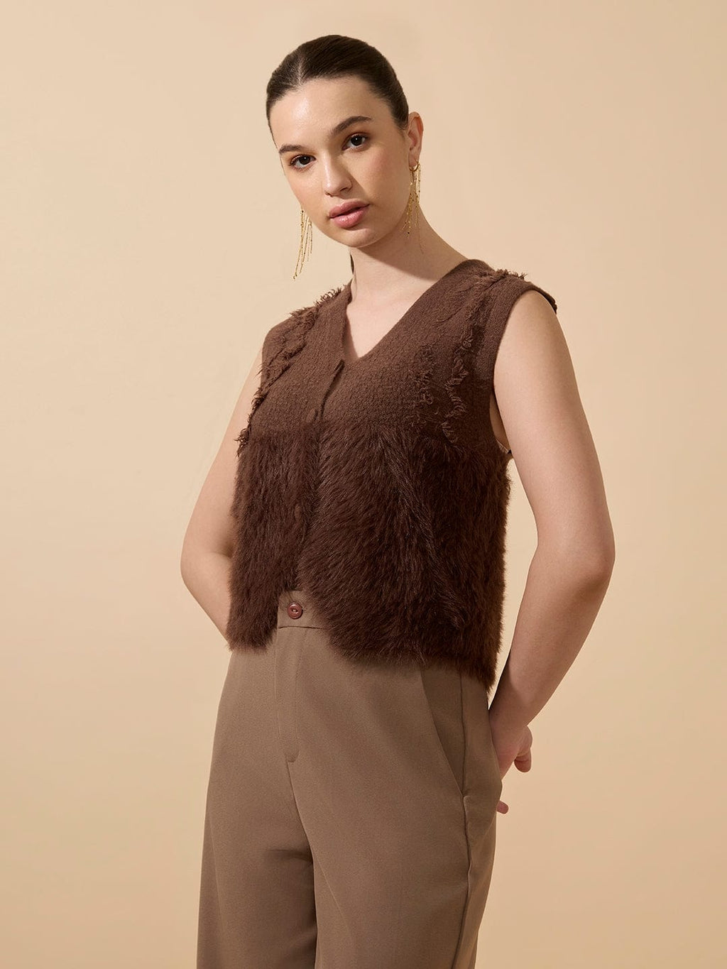 Women's Textured Brown Fuzzy V-Neck Vest Top with Buttons