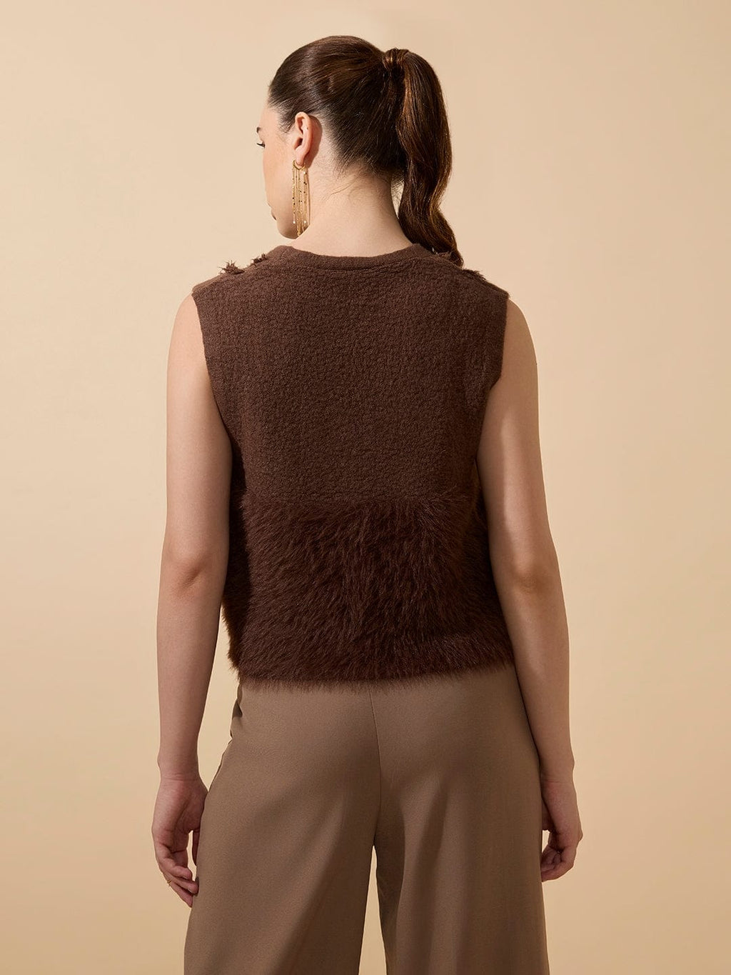 Women's Textured Brown Fuzzy V-Neck Vest Top with Buttons