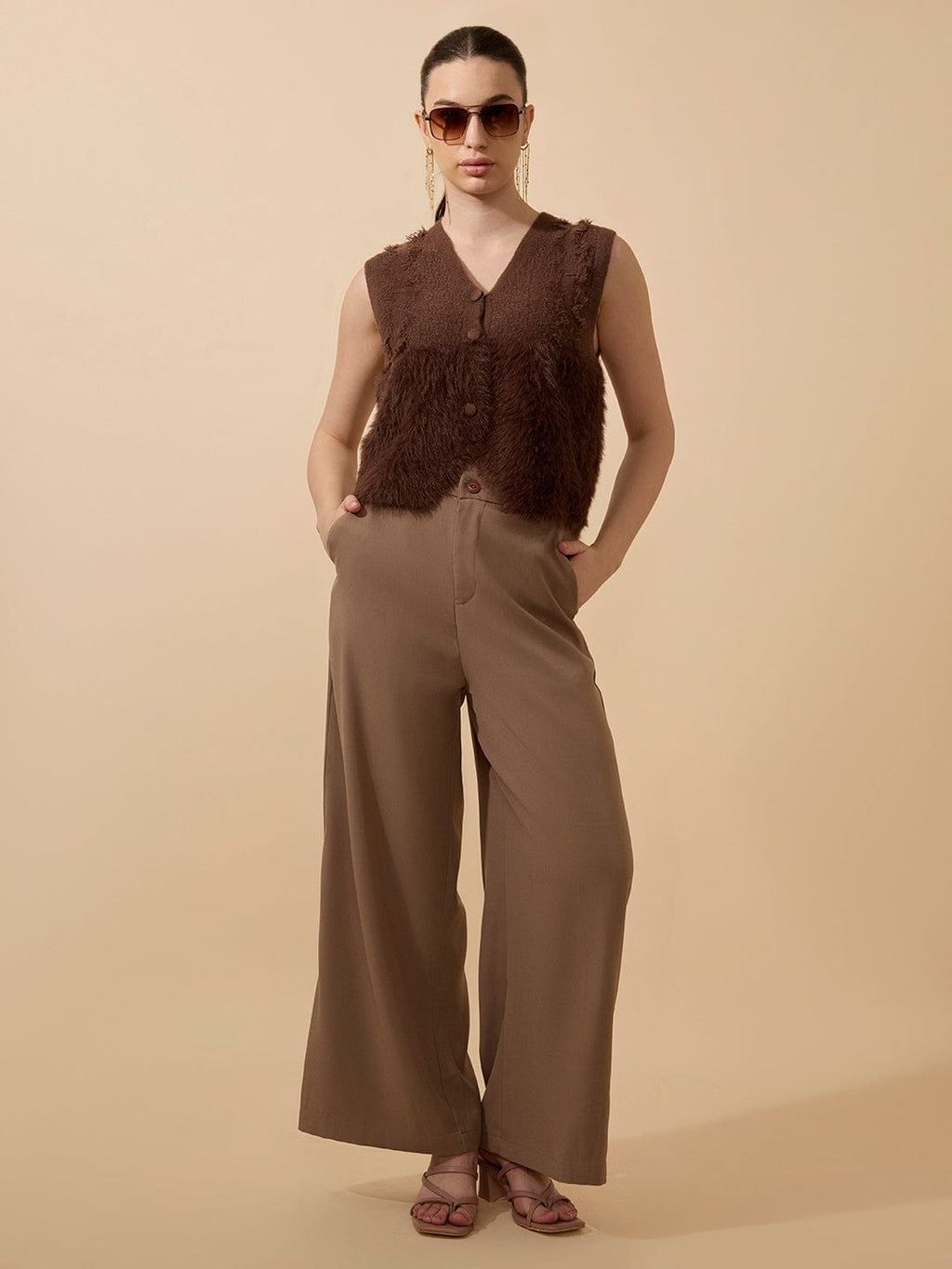 Women's Textured Brown Fuzzy V-Neck Vest Top with Buttons