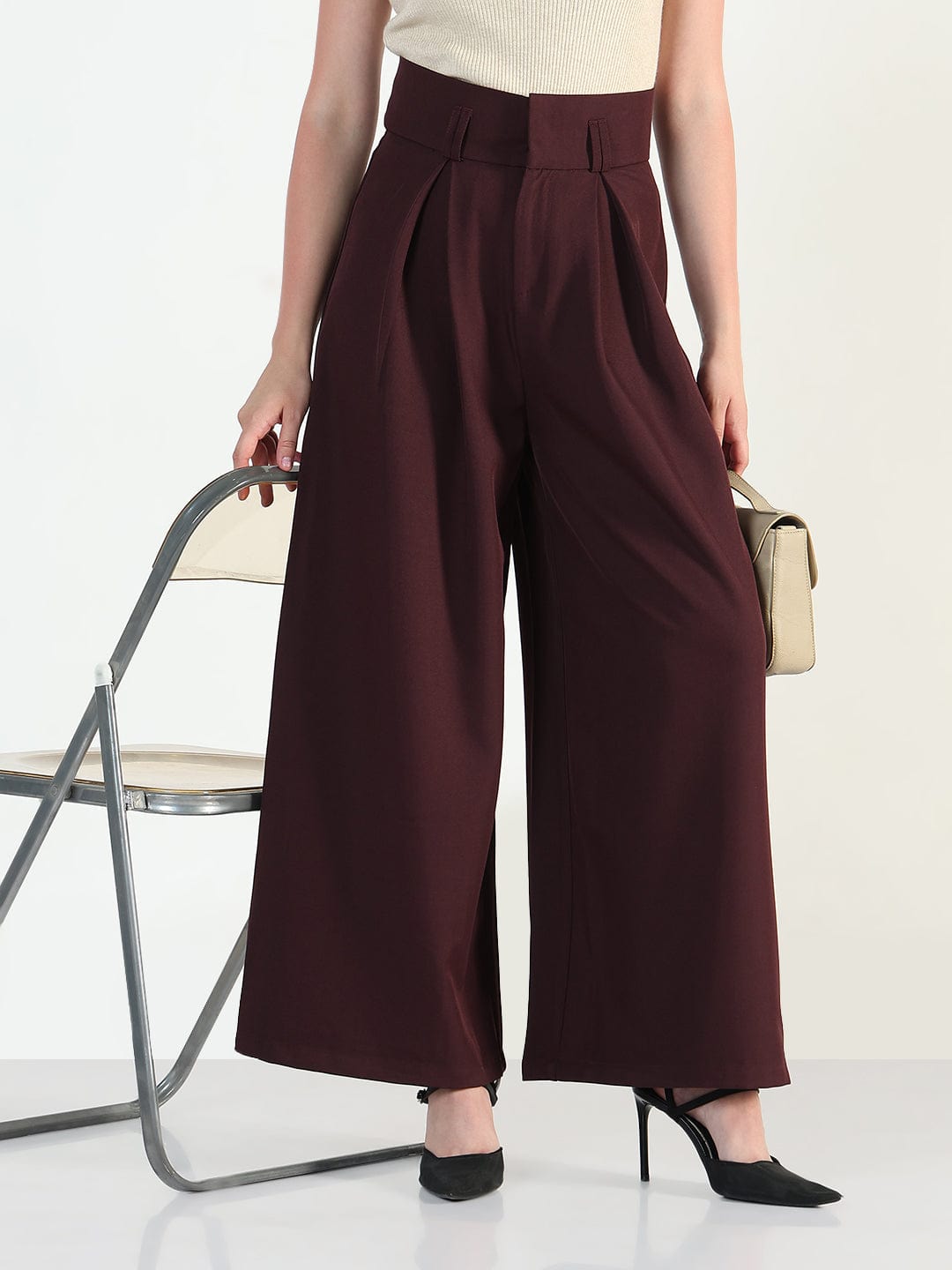 Women's Burgundy Relaxed Fit Wide Leg Trousers