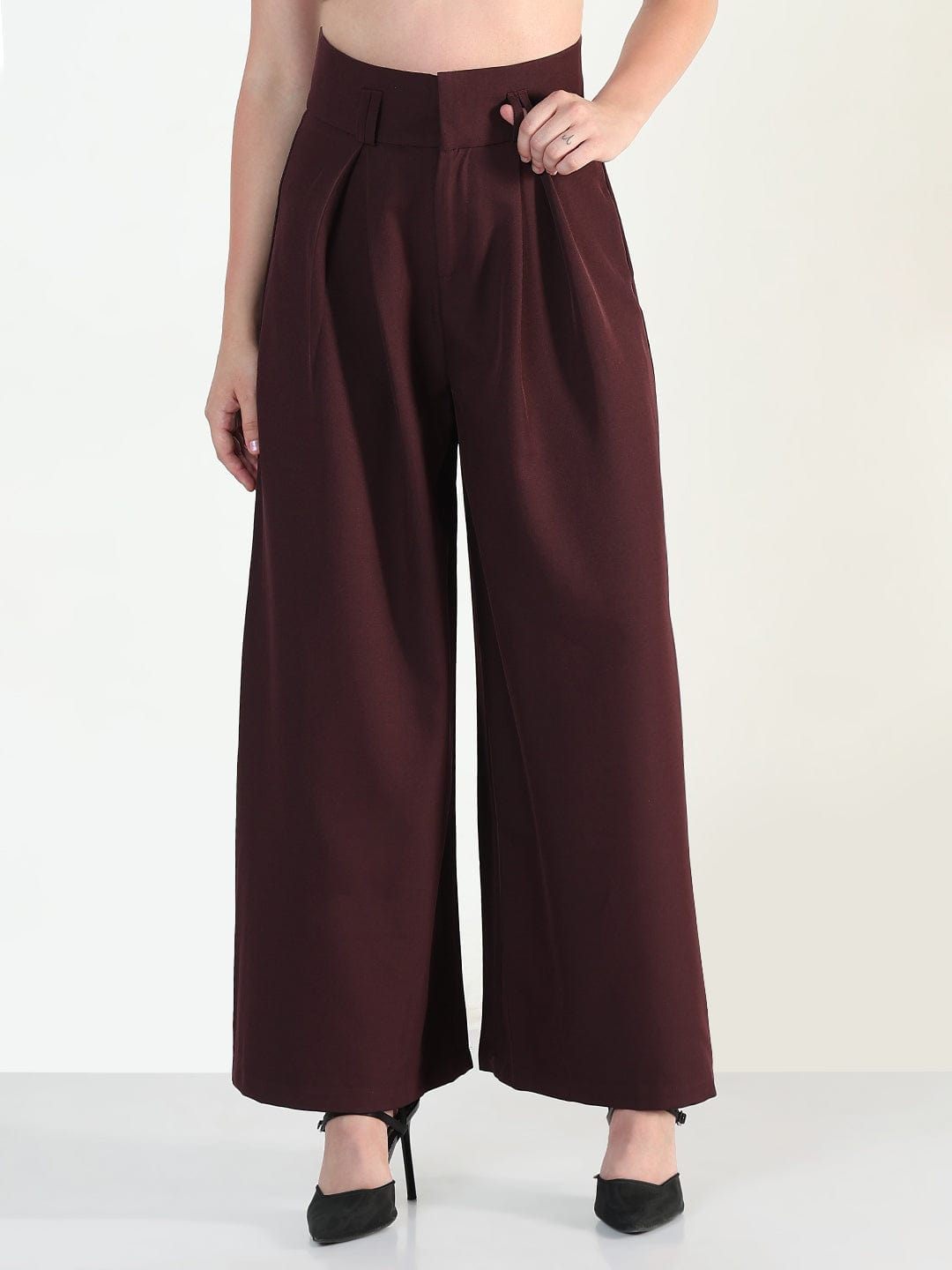 Women's Burgundy Relaxed Fit Wide Leg Trousers