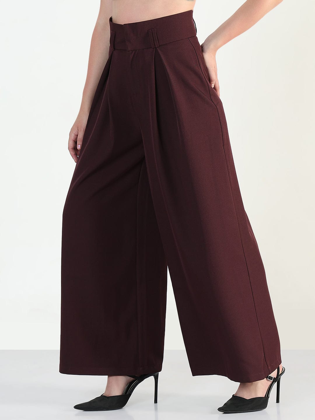 Women's Burgundy Relaxed Fit Wide Leg Trousers