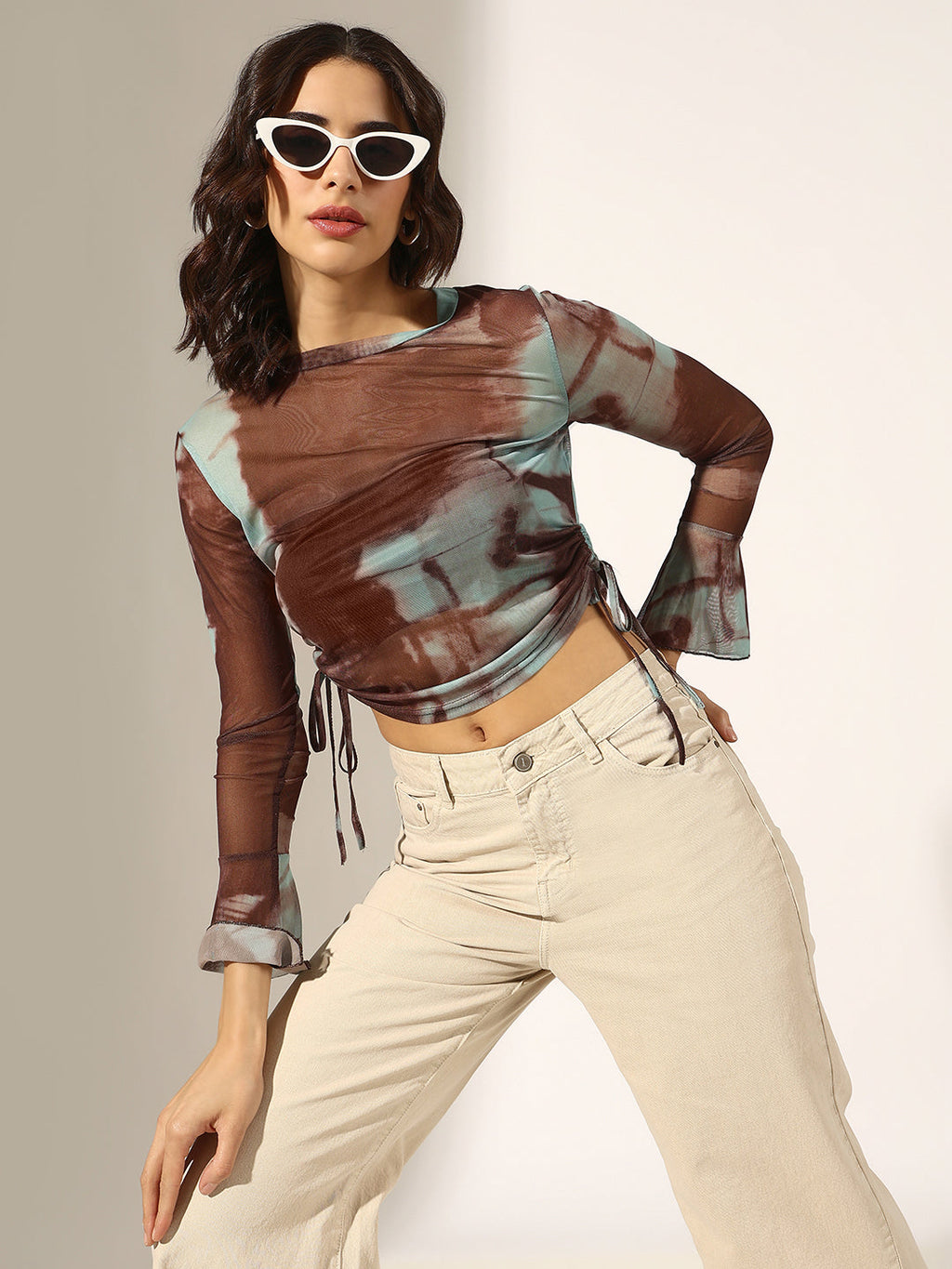 Women's Brown Tie & Dye Ruched Mesh Crop Top