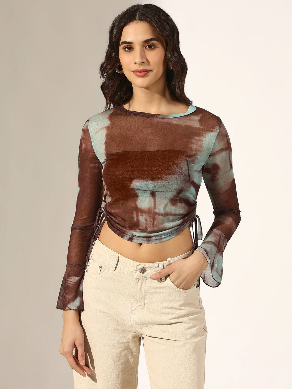 Women's Brown Tie & Dye Ruched Mesh Crop Top