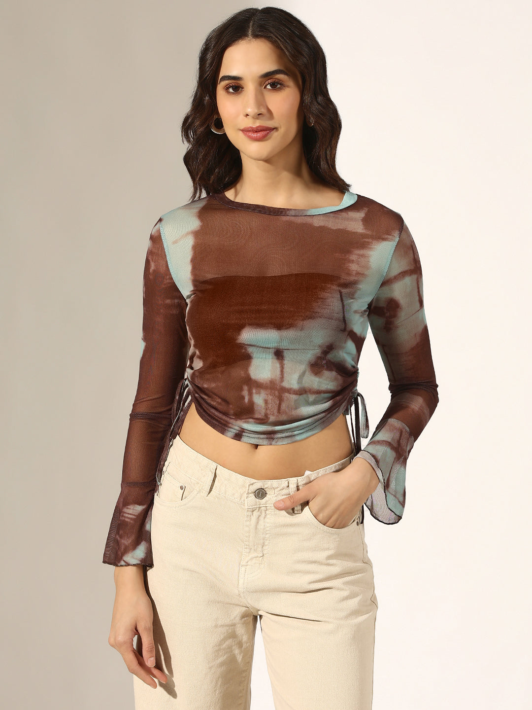 Women's Brown Tie & Dye Ruched Mesh Crop Top