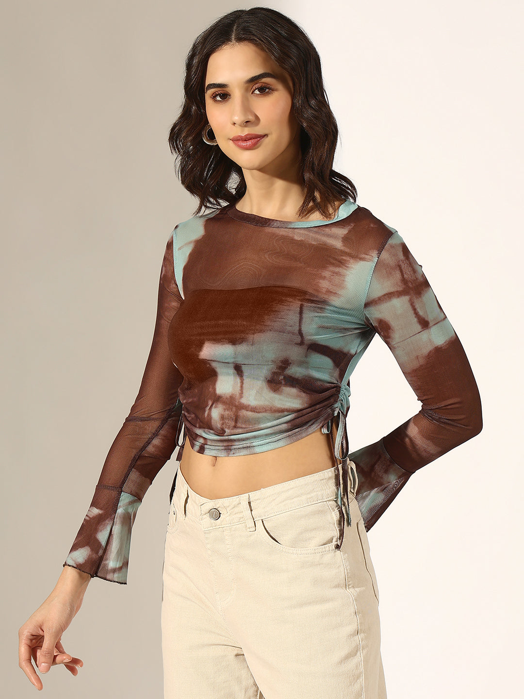 Women's Brown Tie & Dye Ruched Mesh Crop Top