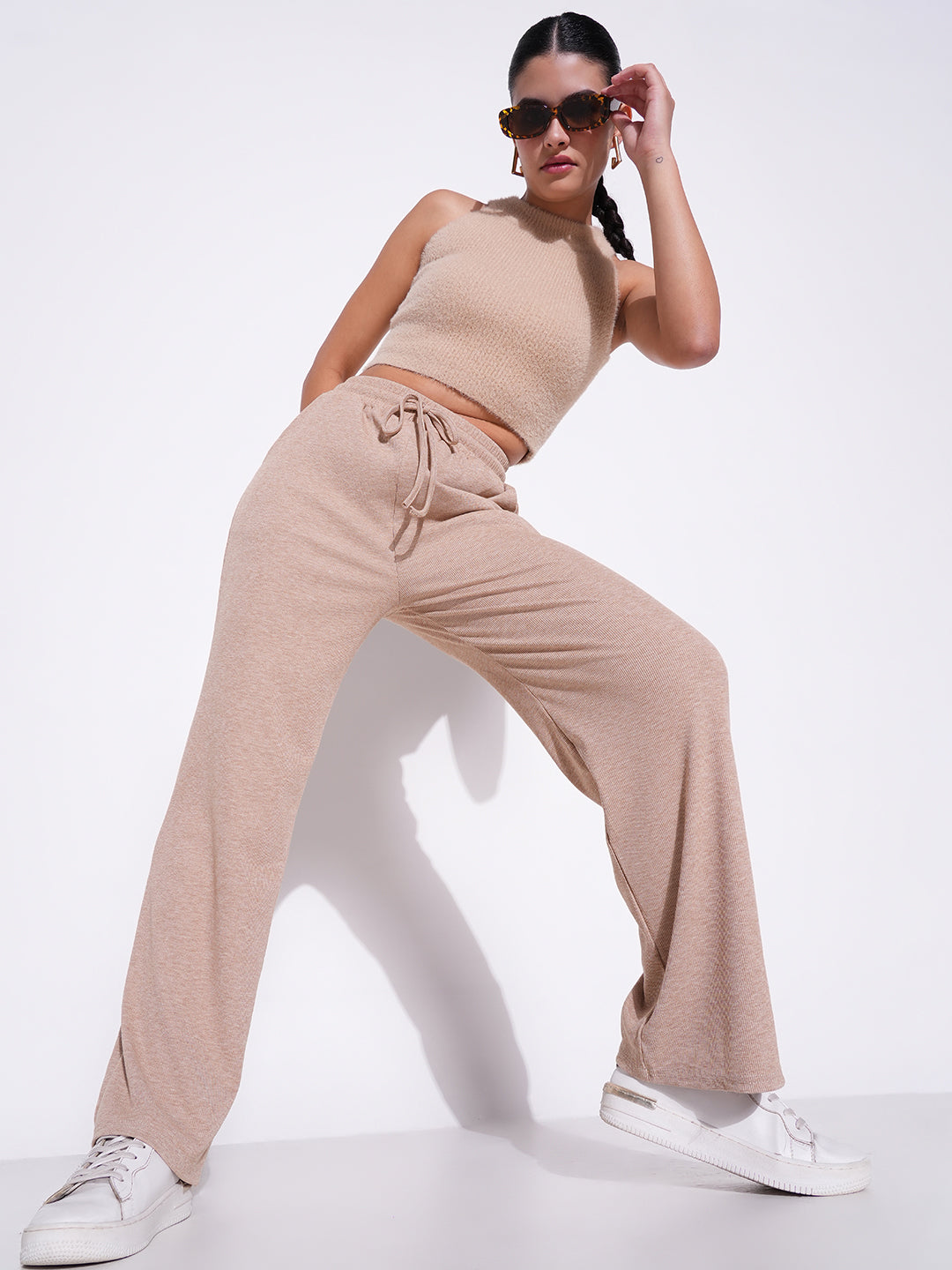 Women's Beige Comfort Mid-Rise Regular Fit Parallel Trousers