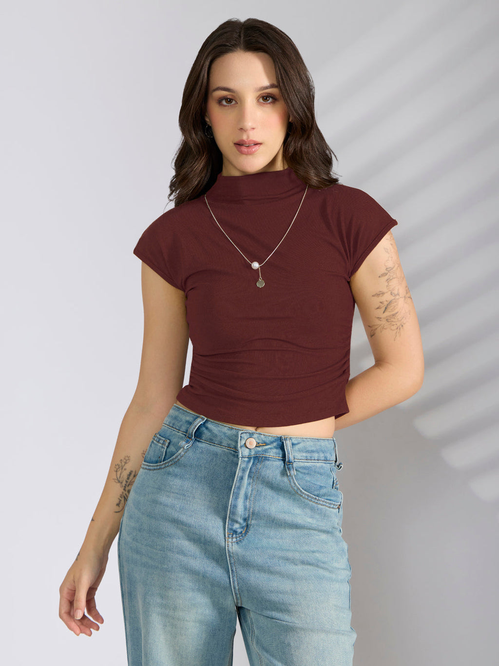 Women's Maroon Fitted Ruched Top with Chain