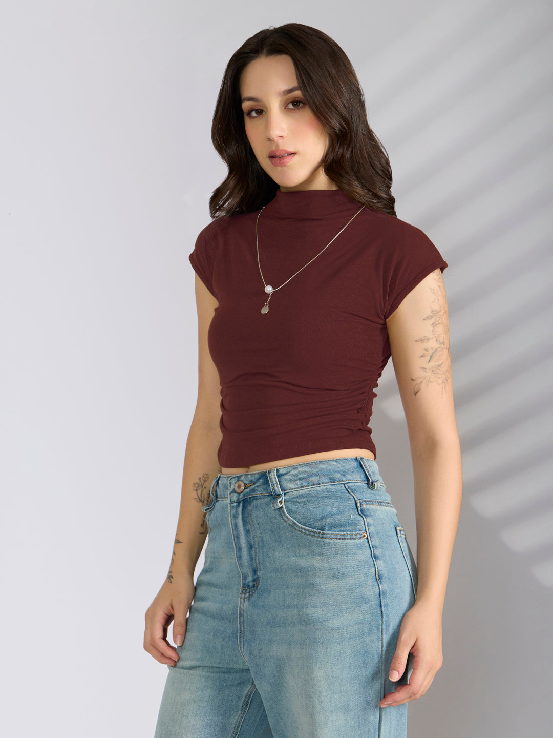 Women's Maroon Fitted Ruched Top with Chain