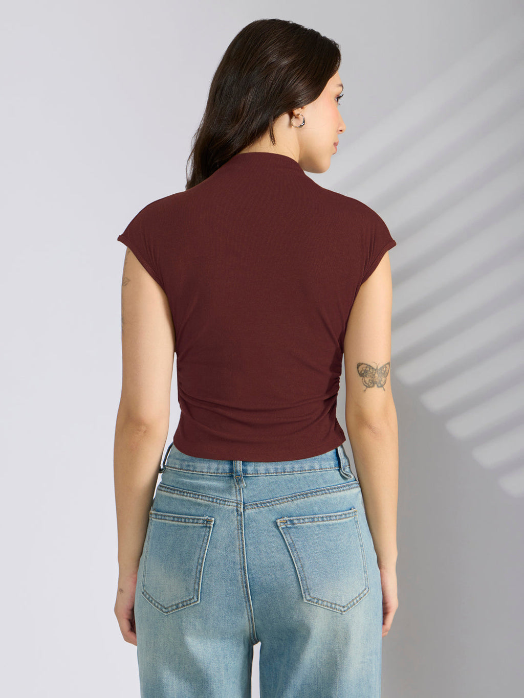 Women's Maroon Fitted Ruched Top with Chain