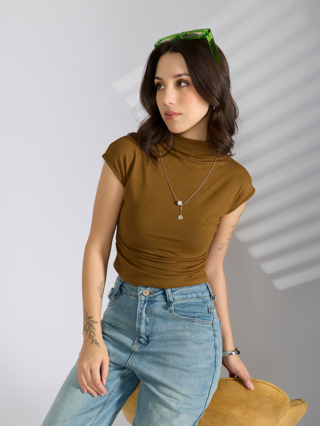 Women's Olive Fitted Ruched Top with Chain