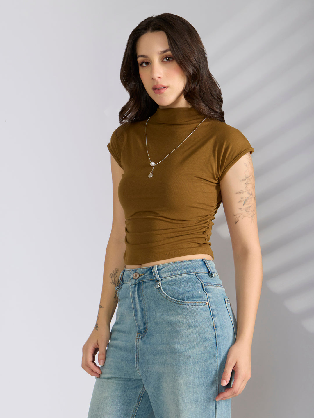 Women's Olive Fitted Ruched Top with Chain