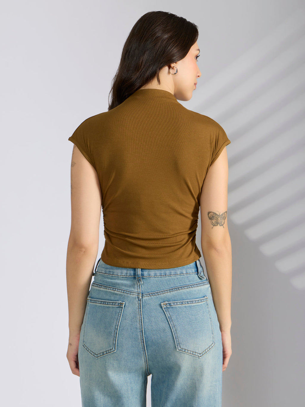 Women's Olive Fitted Ruched Top with Chain