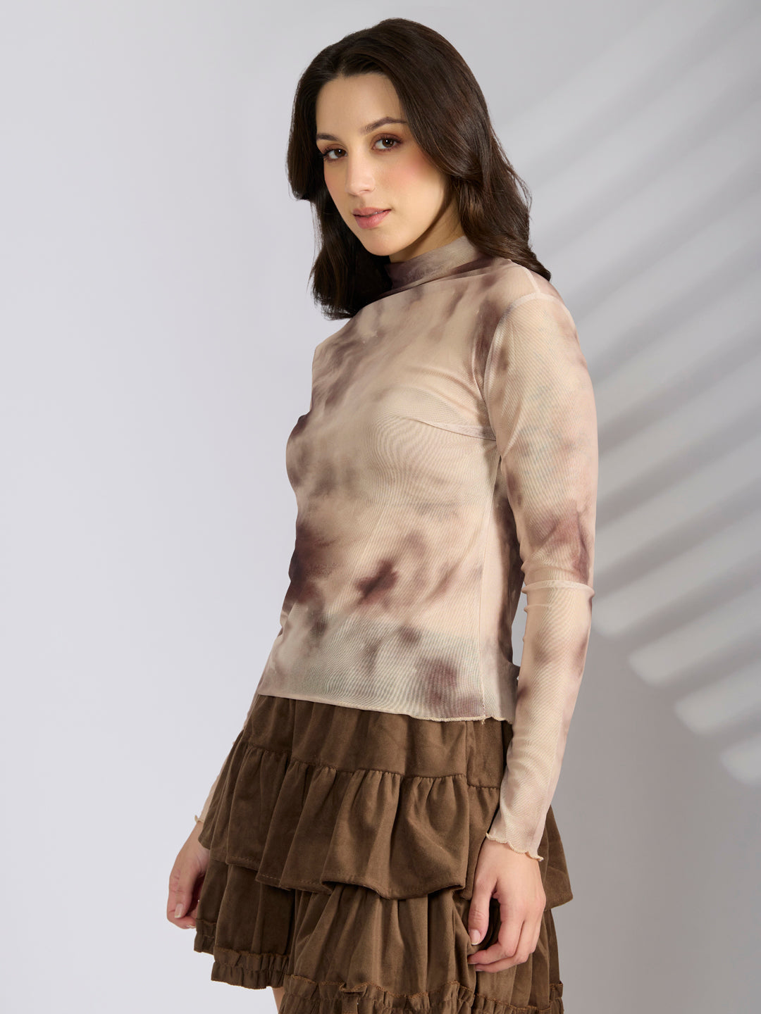 Women's Tie & Dye Cream High Neck Mesh Top