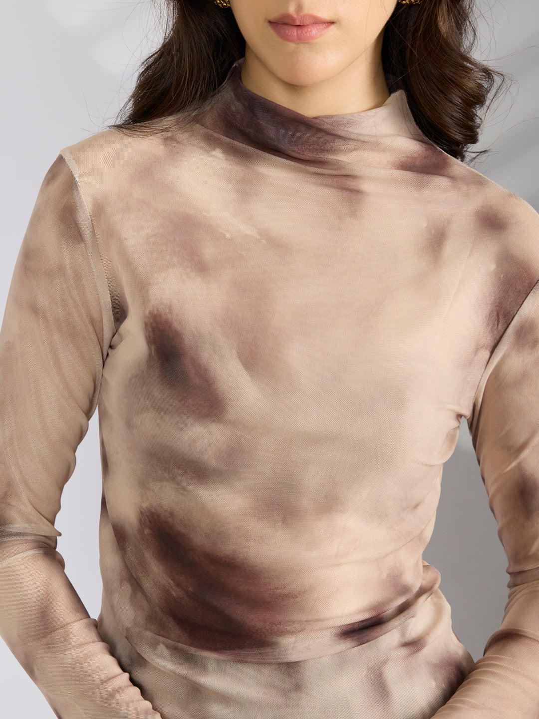 Women's Tie & Dye Cream High Neck Mesh Top