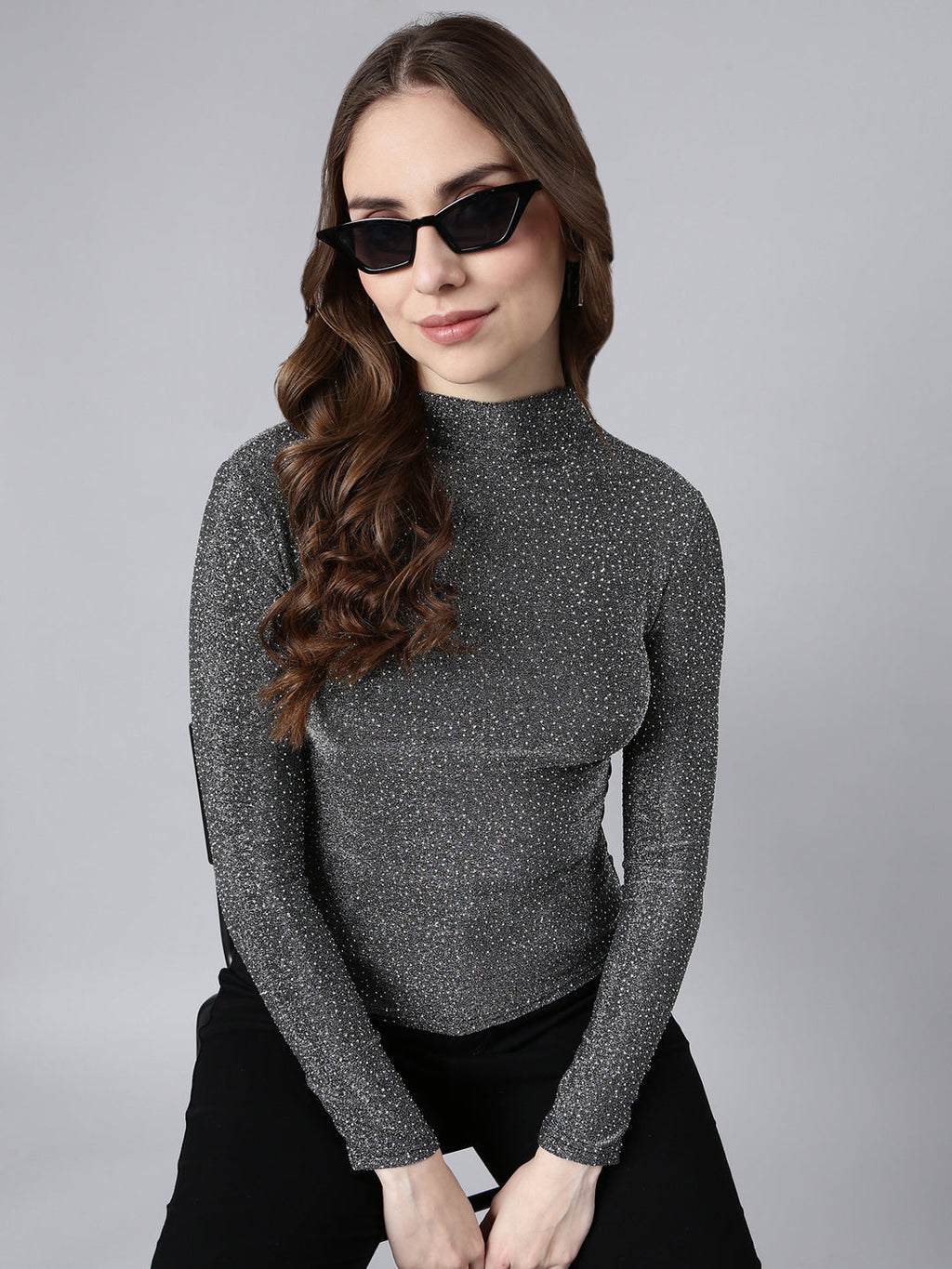 Women's Grey Self Design High Neck Studded Fitted Top